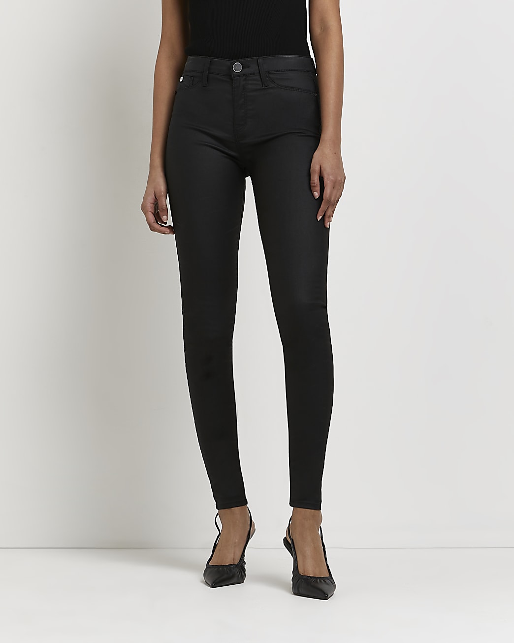 River Island Womens Skinny Jeans Black Molly Coated Mid Rise Cotton - Long