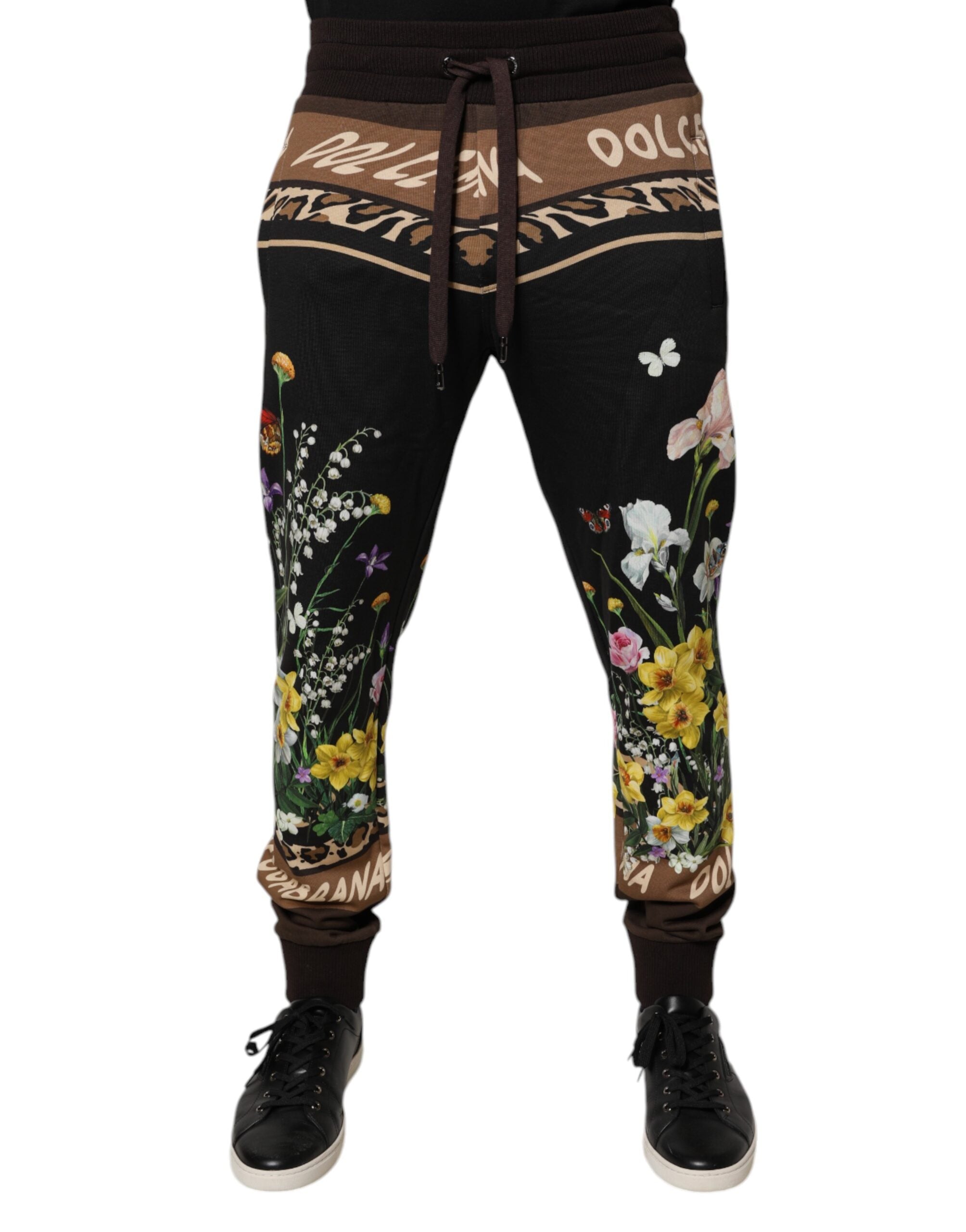 Floral Printed Cotton Joggers — Black