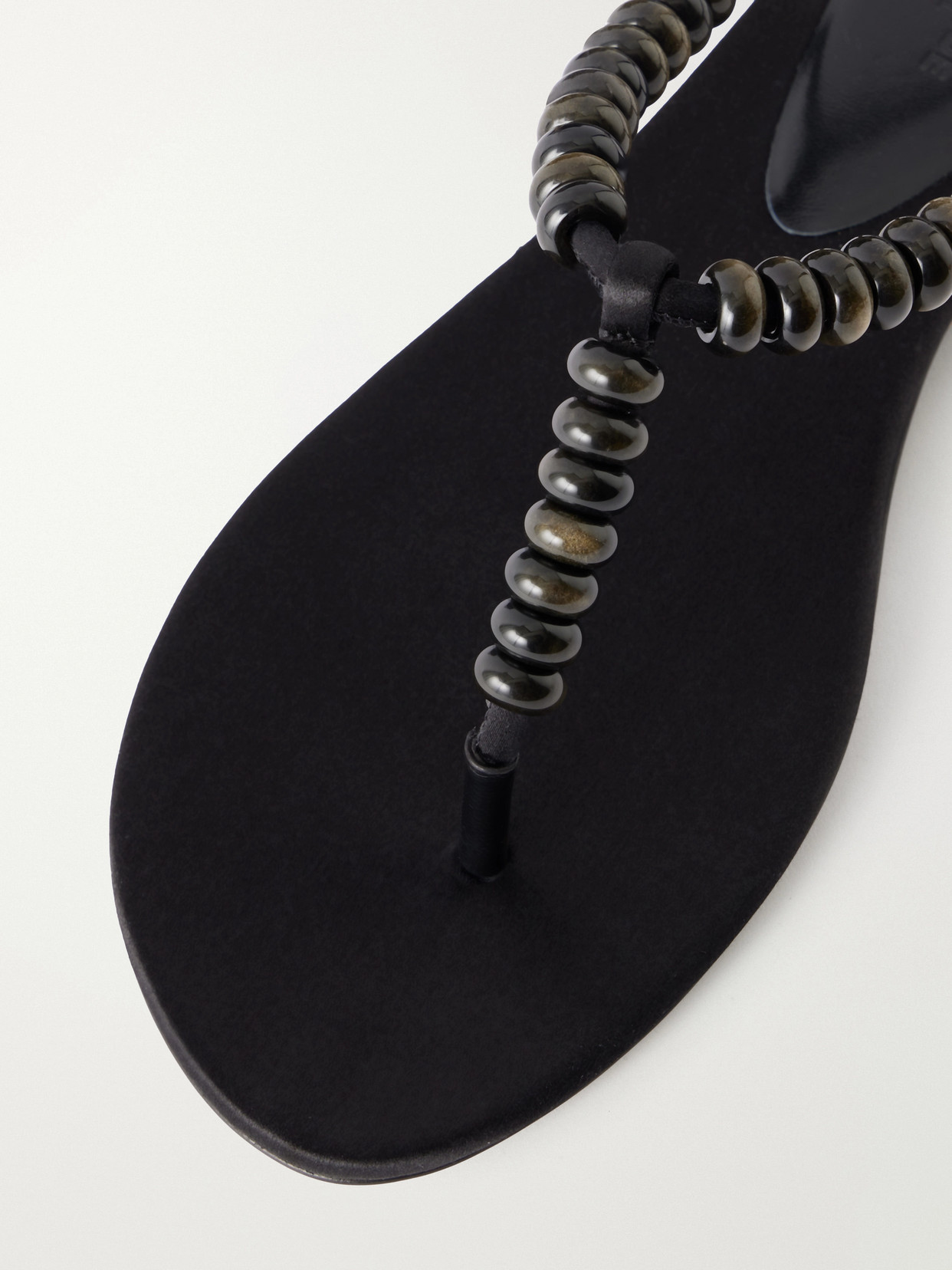 Beaded Leather Flat Sandals - Black