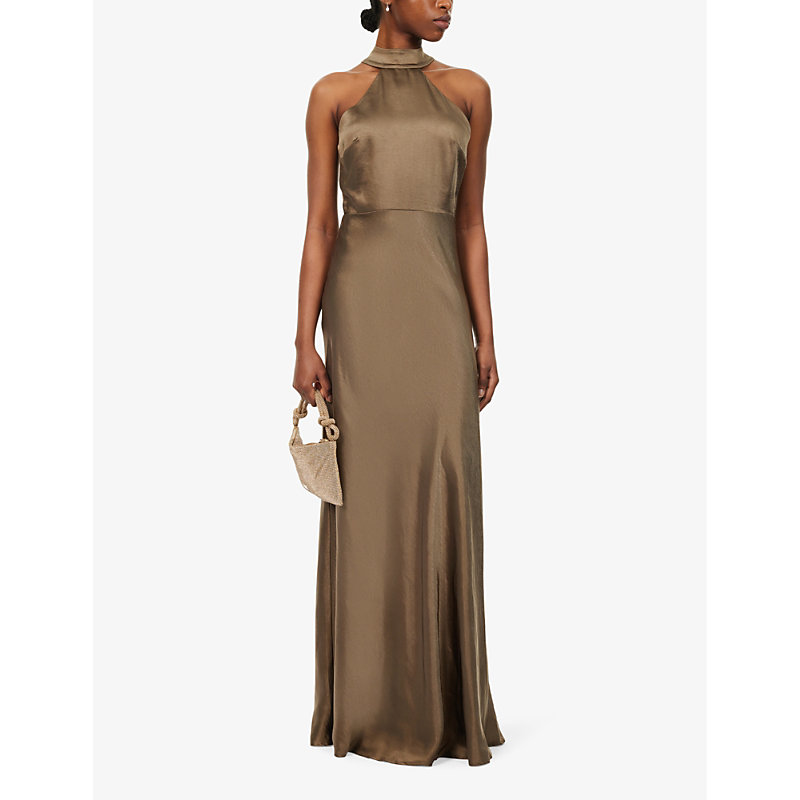 Womens Dark Olive Halterneck Slim-fit Satin Maxi Dress
