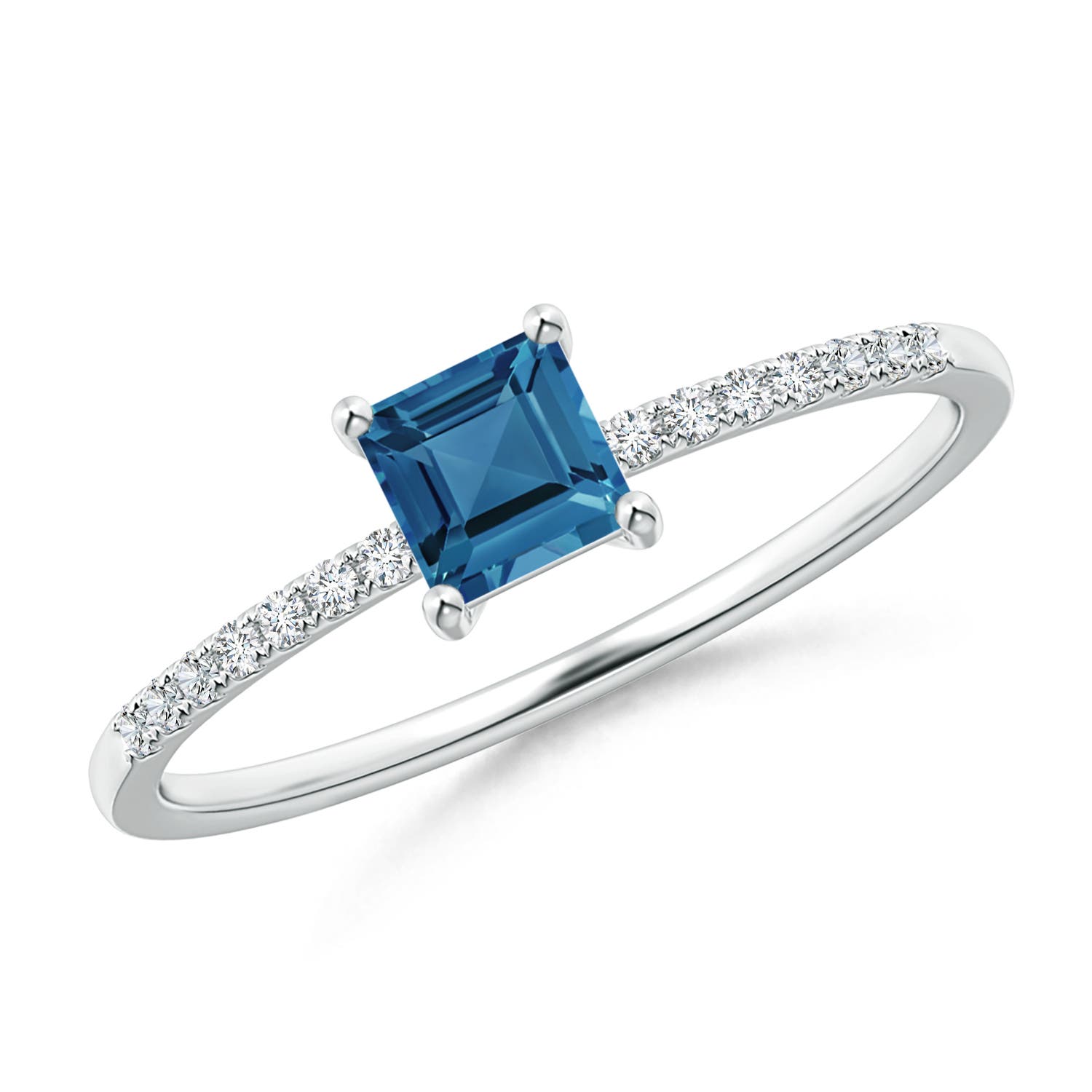 Angara 0.44 Carat Square London Blue Topaz Ring with Diamond Studded Shank in Platinum