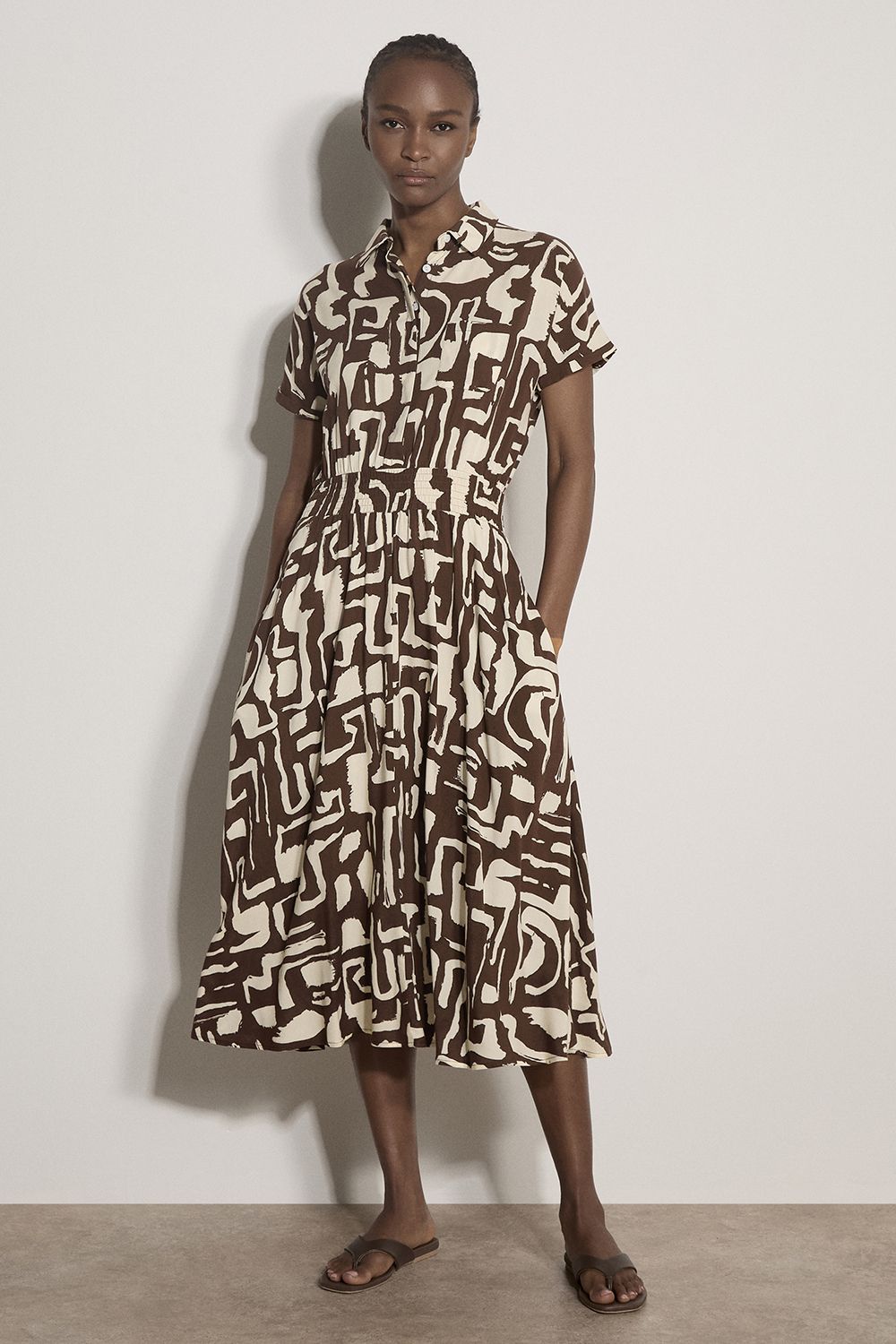 Apricot Women's Geo Grecian Shirt Midi Dress in Brown