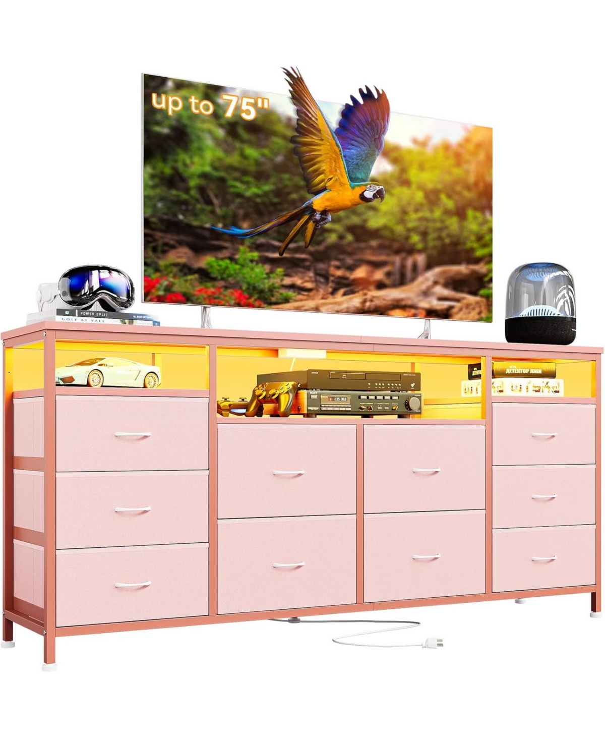63.3 Inch Black Dresser for Bedroom, 10 Drawer Dresser Tv Stand - Pink