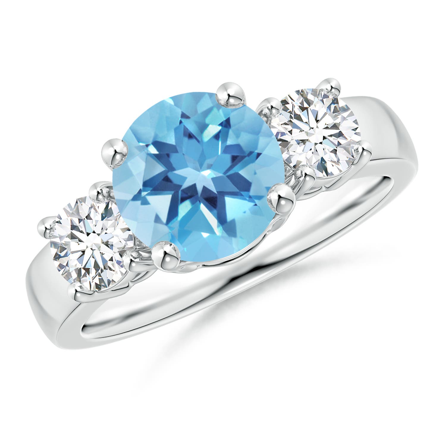 Angara 2.35 Carats Classic Round Swiss Blue Topaz and Diamond Three Stone Engagement Ring in Platinum