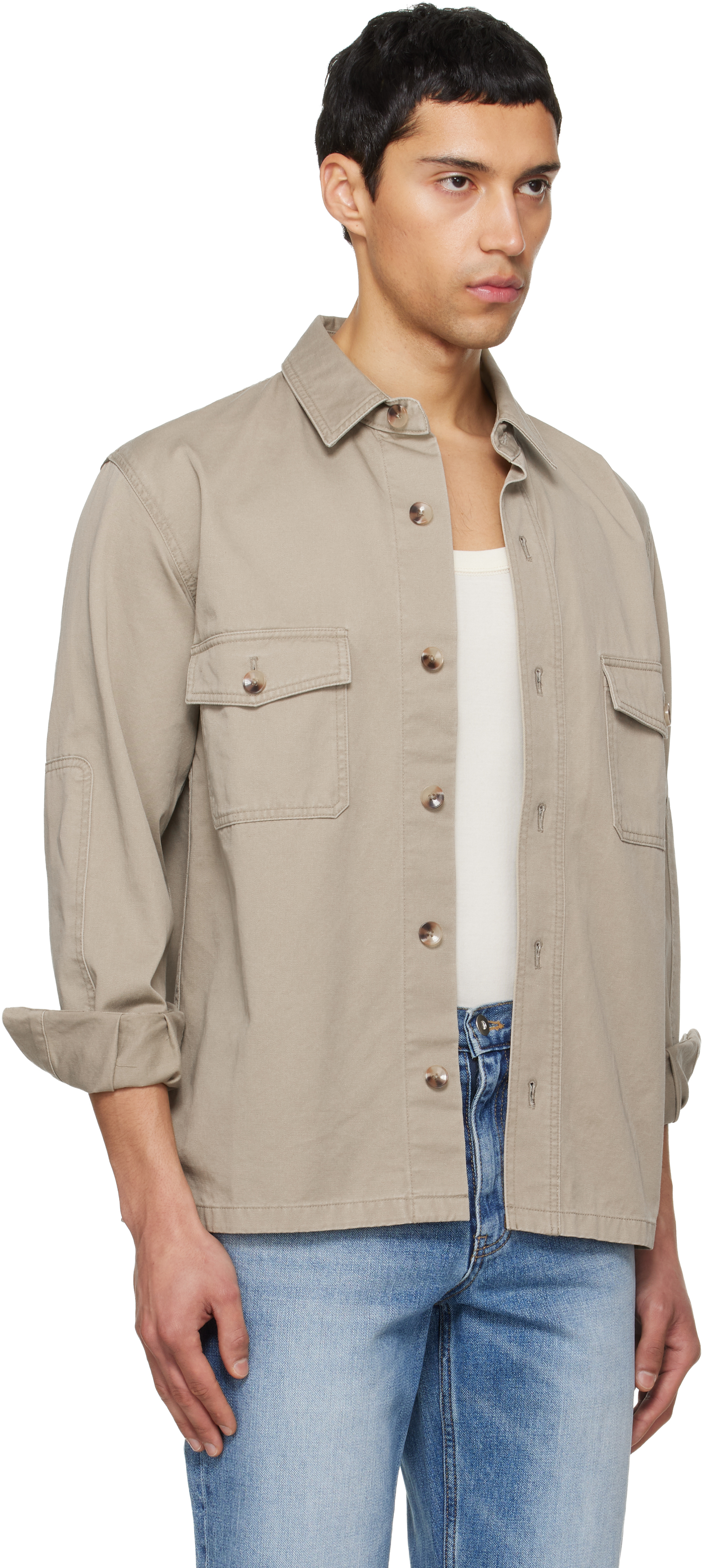 Beige Washed Cotton Twill Overshirt