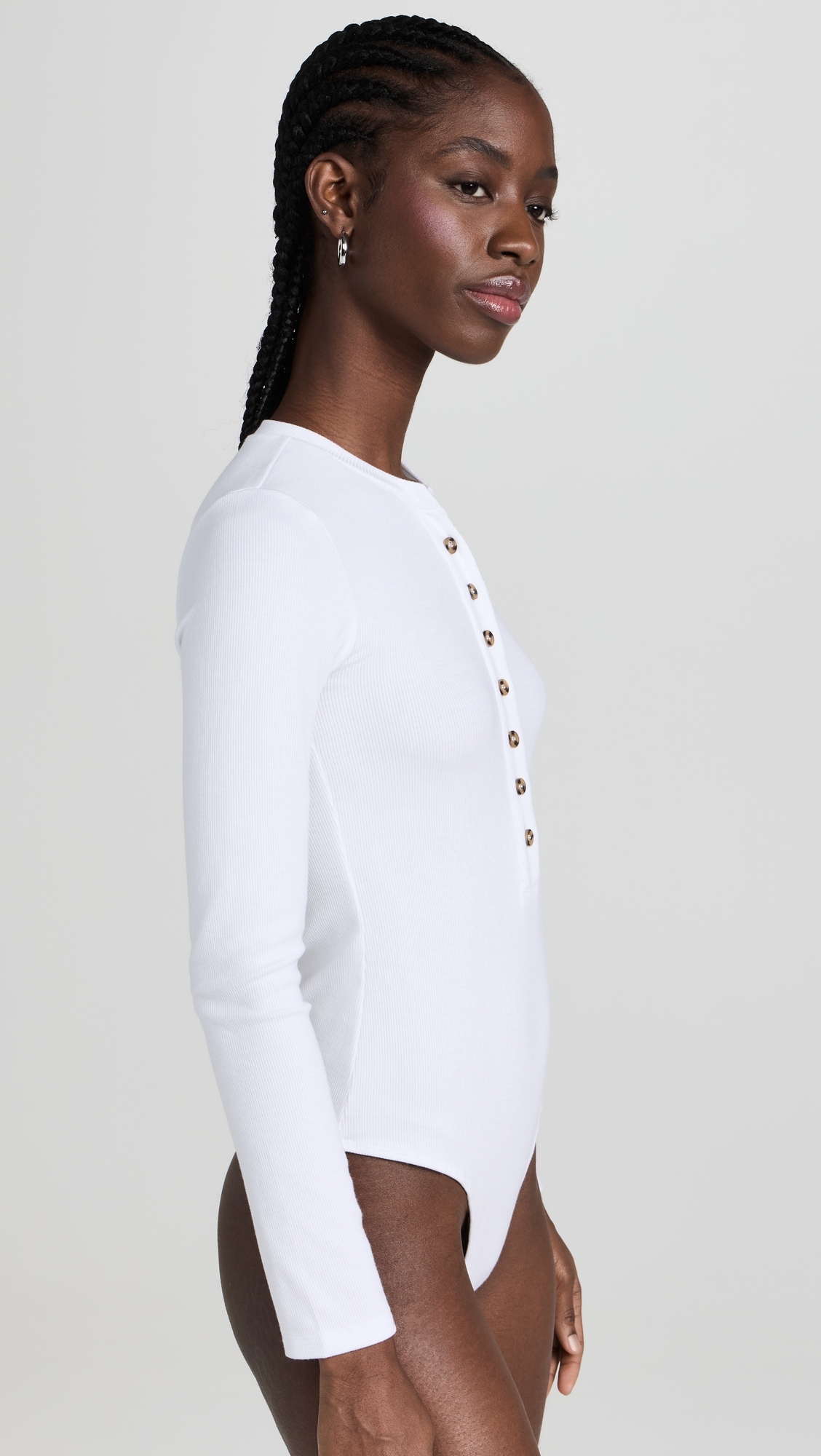 Ambitionist 여성 Button Up Ribbed Henley Bodysuit White