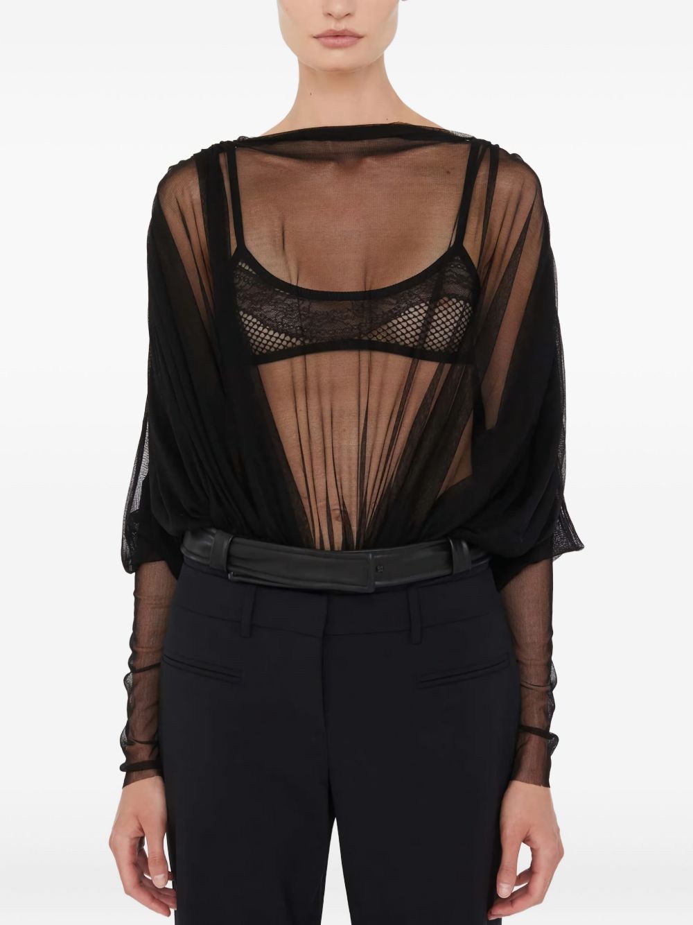 Sheer draped bodysuit - Black