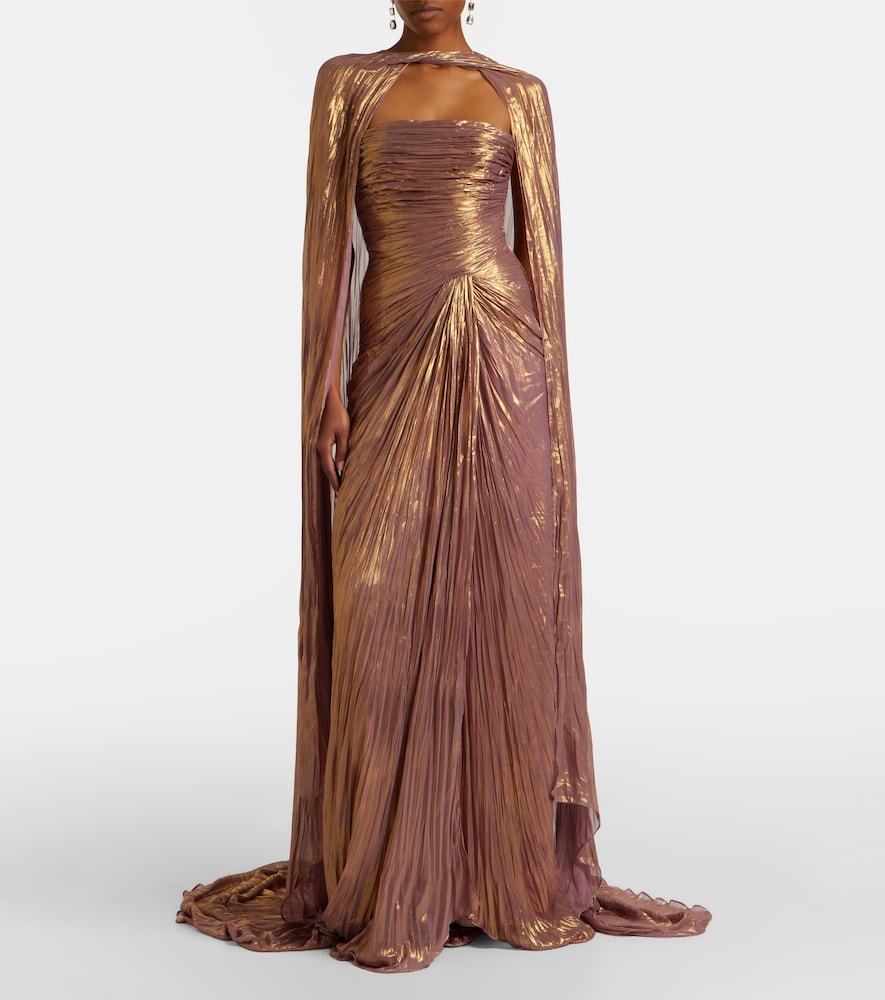 Pleated taffeta bustier gown and cape set