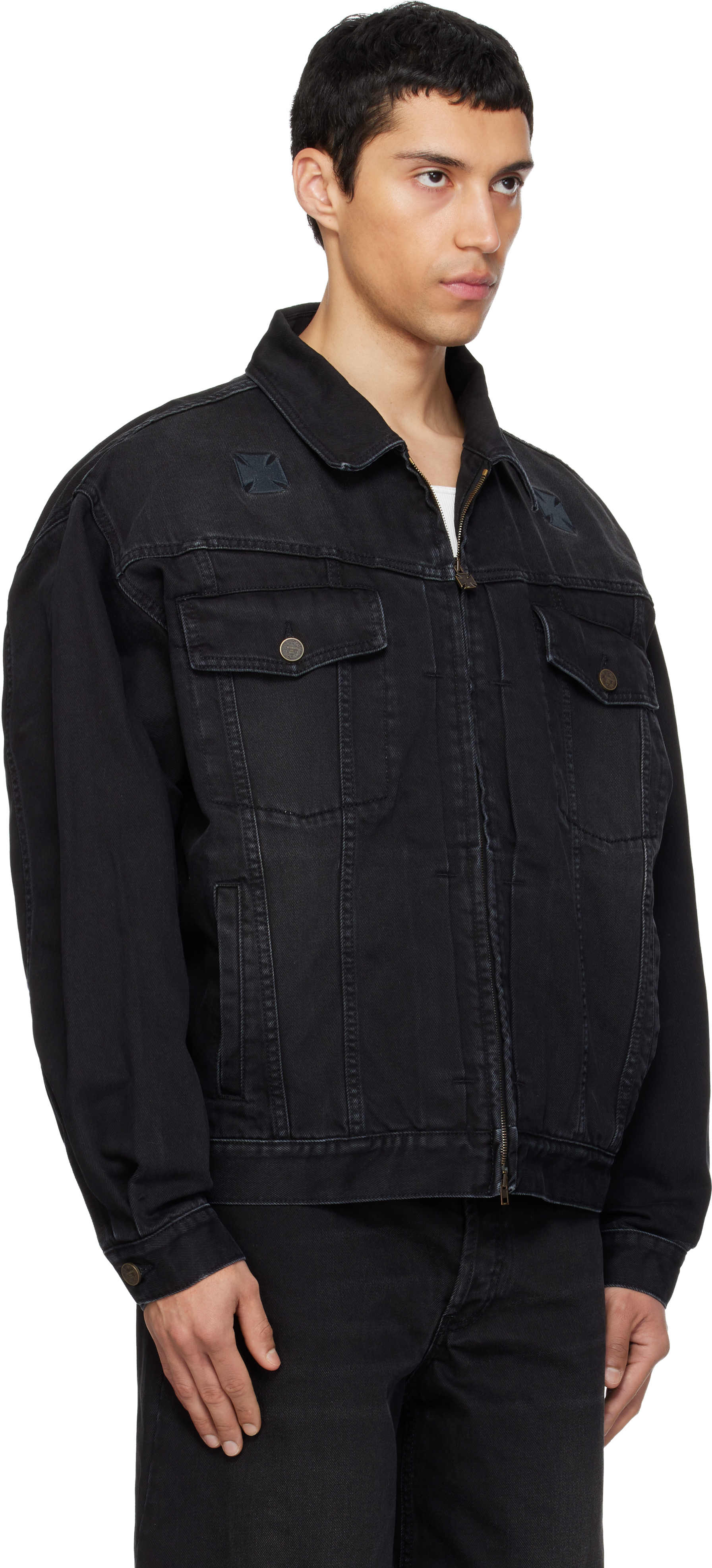 Black Appliqué Biker Crosses Zip Denim Jacket