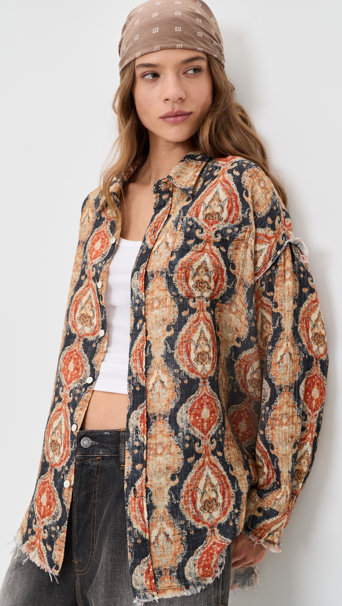 Shredded Seam Drop Neck Shirt Orange Dark Navy Multicolor
