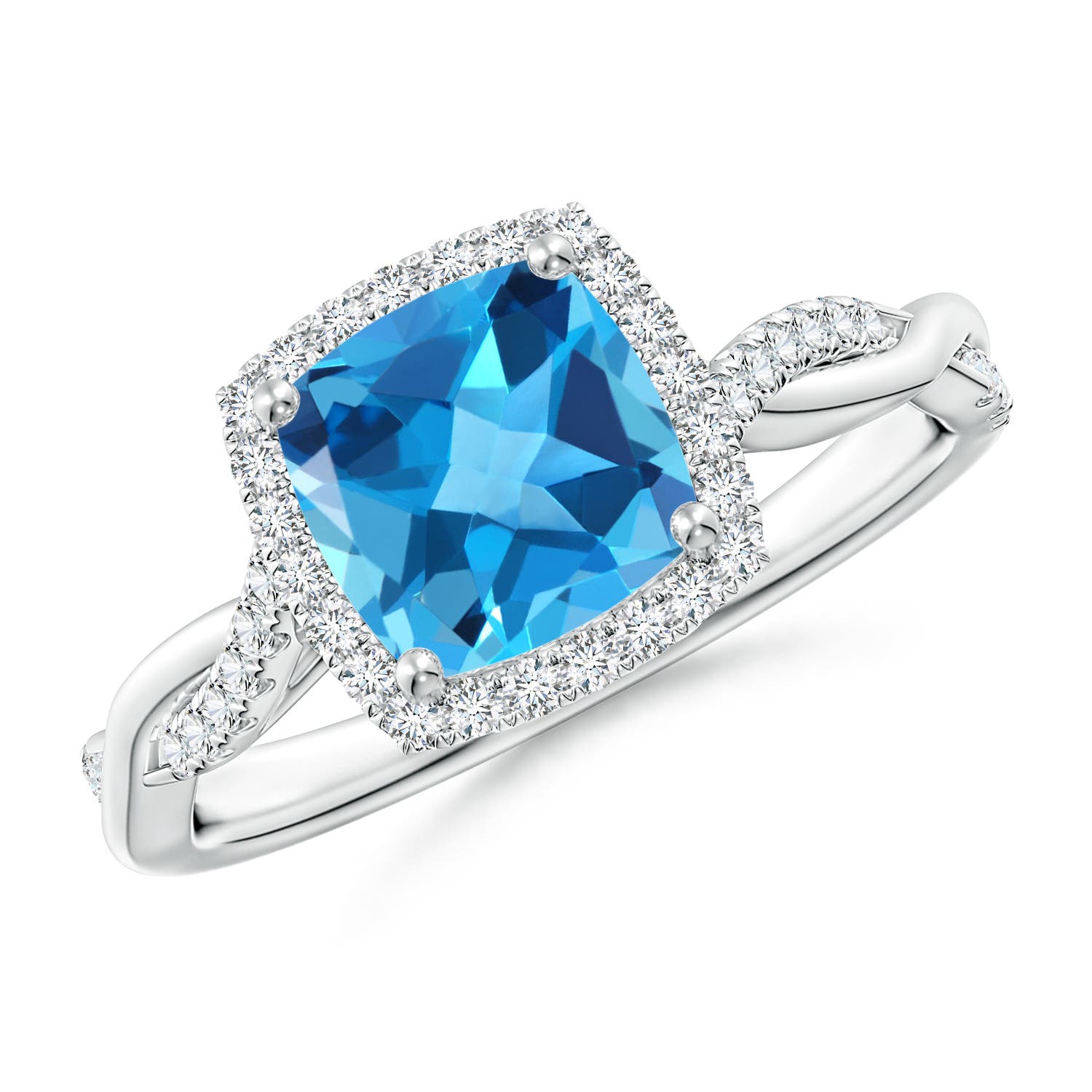 Angara 1.85 Carats Twisted Shank Cushion Swiss Blue Topaz Halo Engagement Ring in Platinum