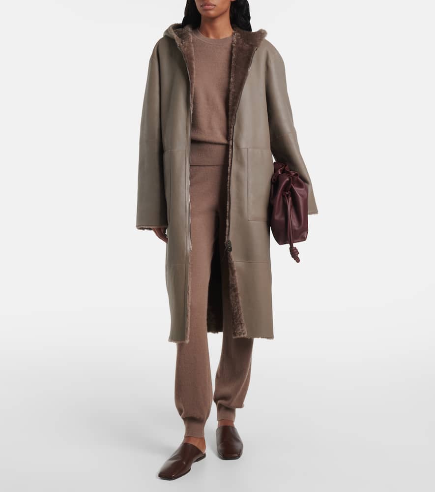 Reversible shearling and leather hooded coat