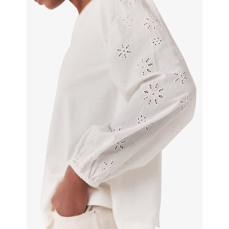 Womens White Broderie-sleeve Regular-fit Organic-cotton top