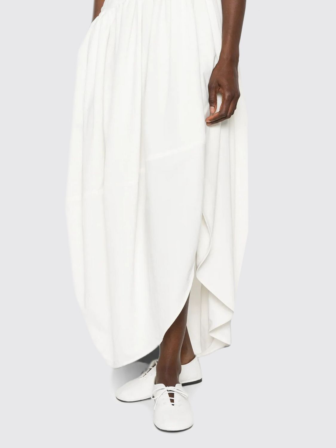 Asymmetrical Off-The-Shoulder Midi Dress in Ramie and Viscose
