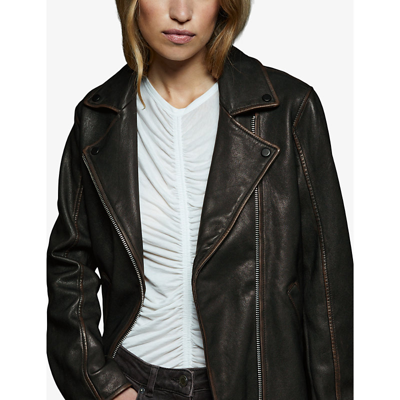 Womens Black Beau Relaxed-fit Leather Biker Jacket