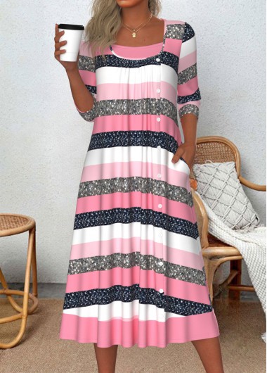 Modlily Pink Patchwork Striped A Line 3/4 Sleeve Dre
