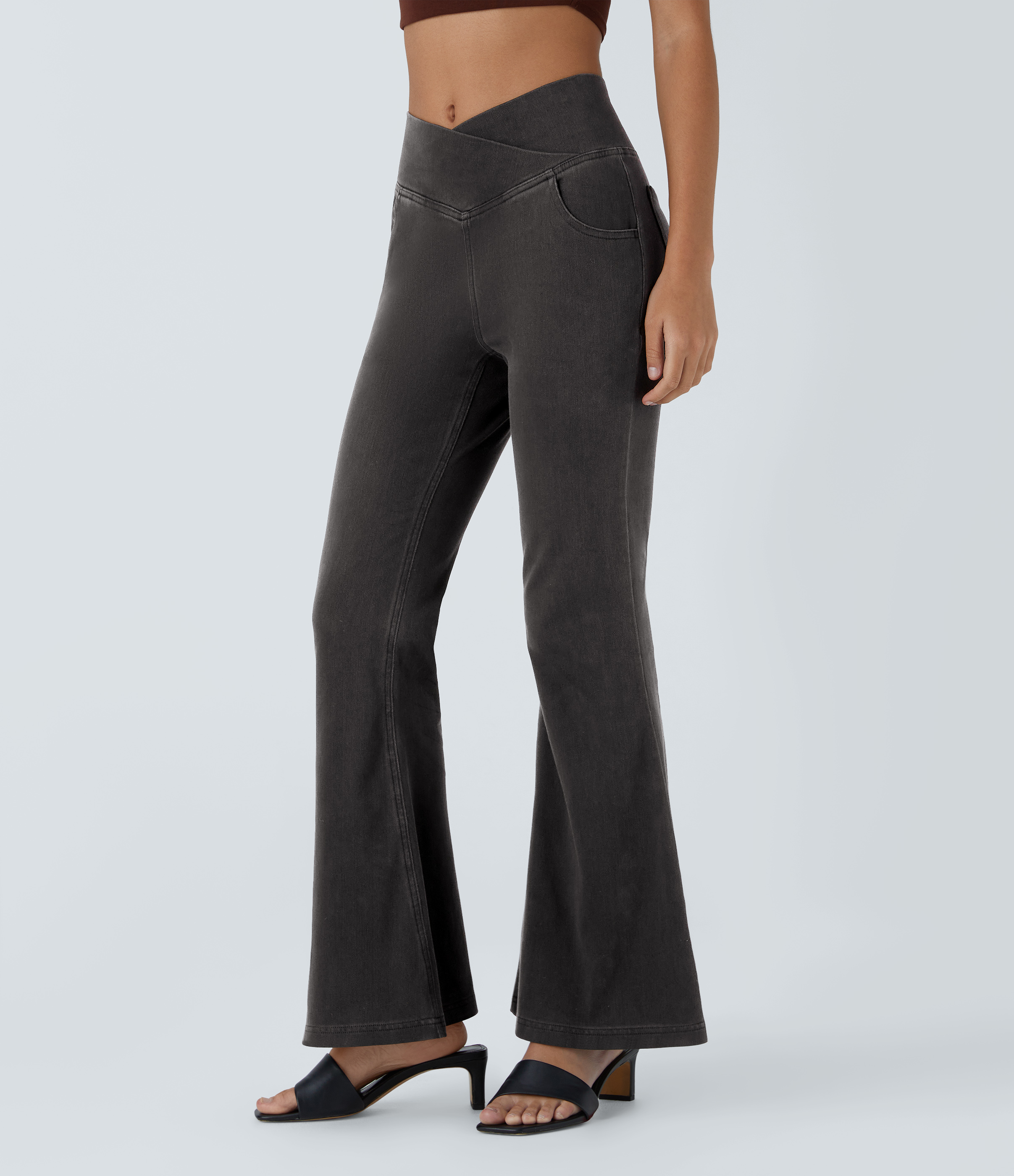 Flex™ High Waisted Crossover Pocket Washed Casual Jeans  - Hemp Rope Black Denim