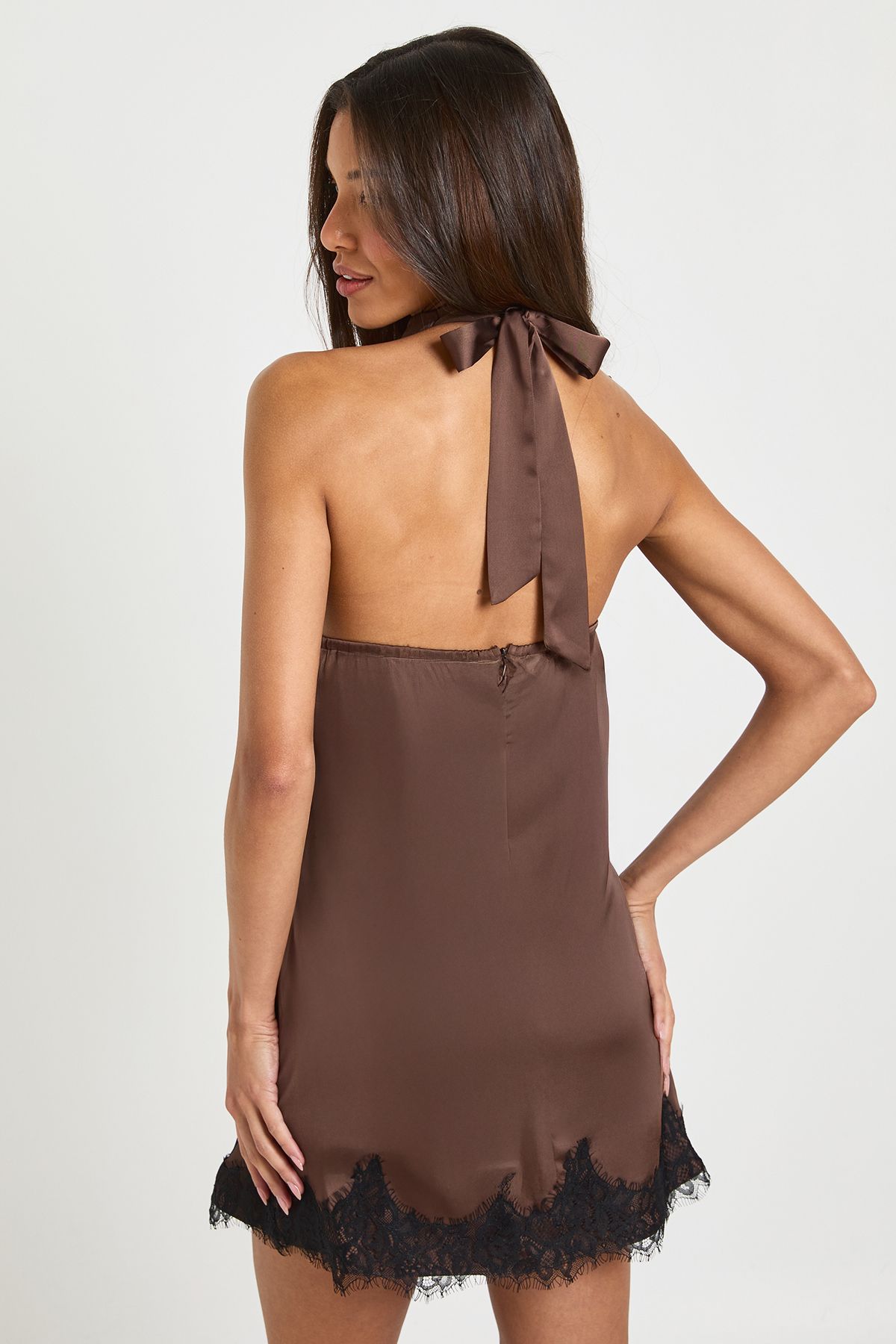 Boohoo Womens Satin & Lace Contrast Halterneck Mini Dress - Brown