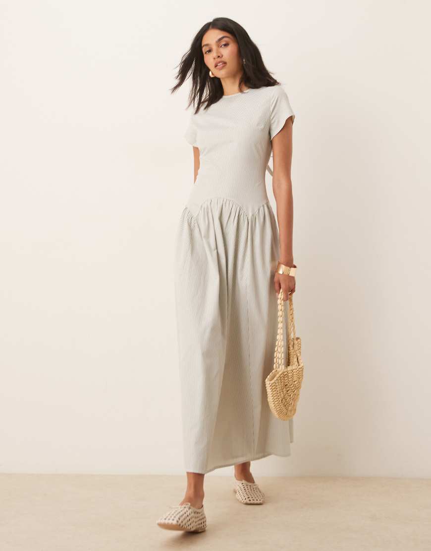 ASOS DESIGN dropped waist T-shirt maxi dress in stripe print-Multi
