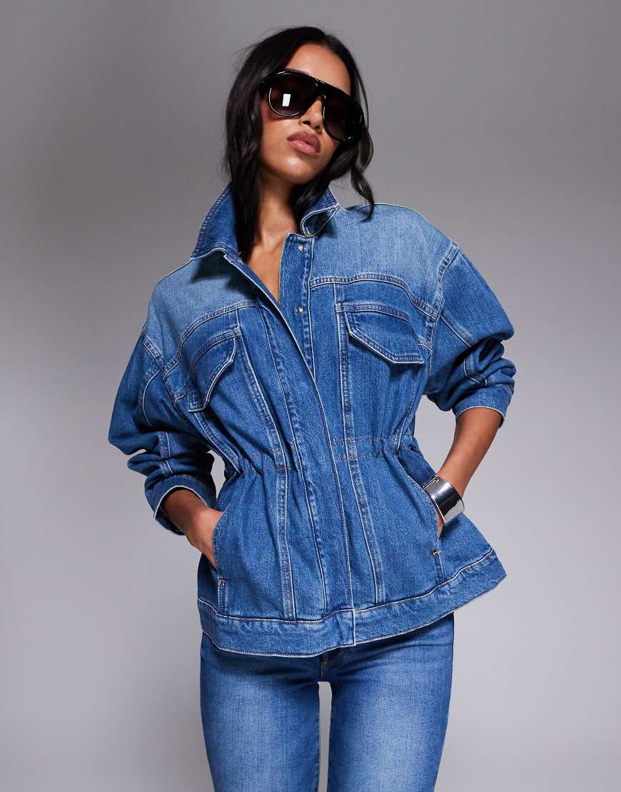 Barrel sleeve denim jacket in mid wash blue