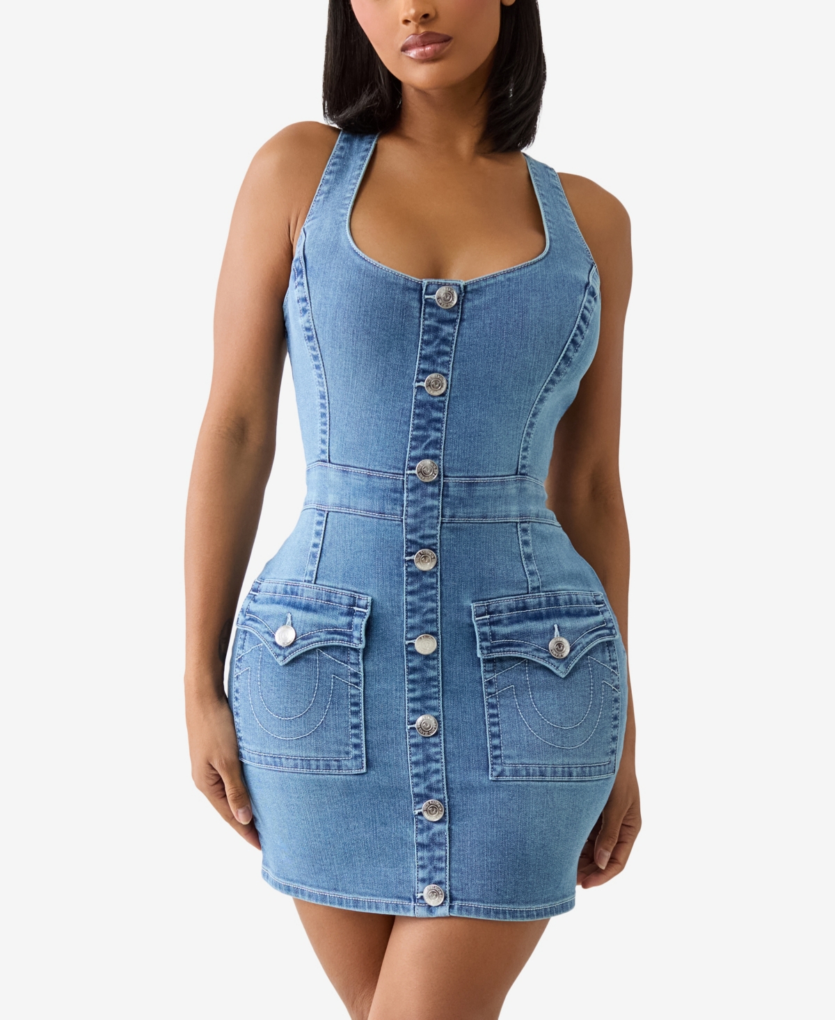 Women's Scoop Neck Denim Dress - Blue