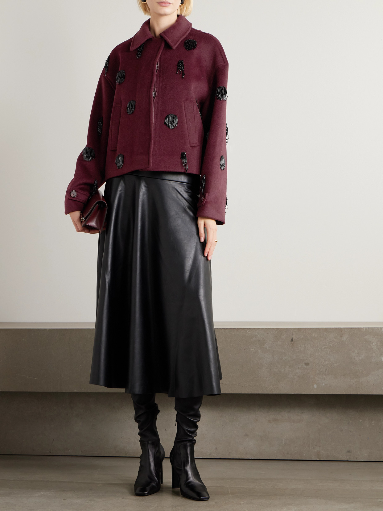 Katya Bead-embellished Wool-blend Jacket - Burgundy