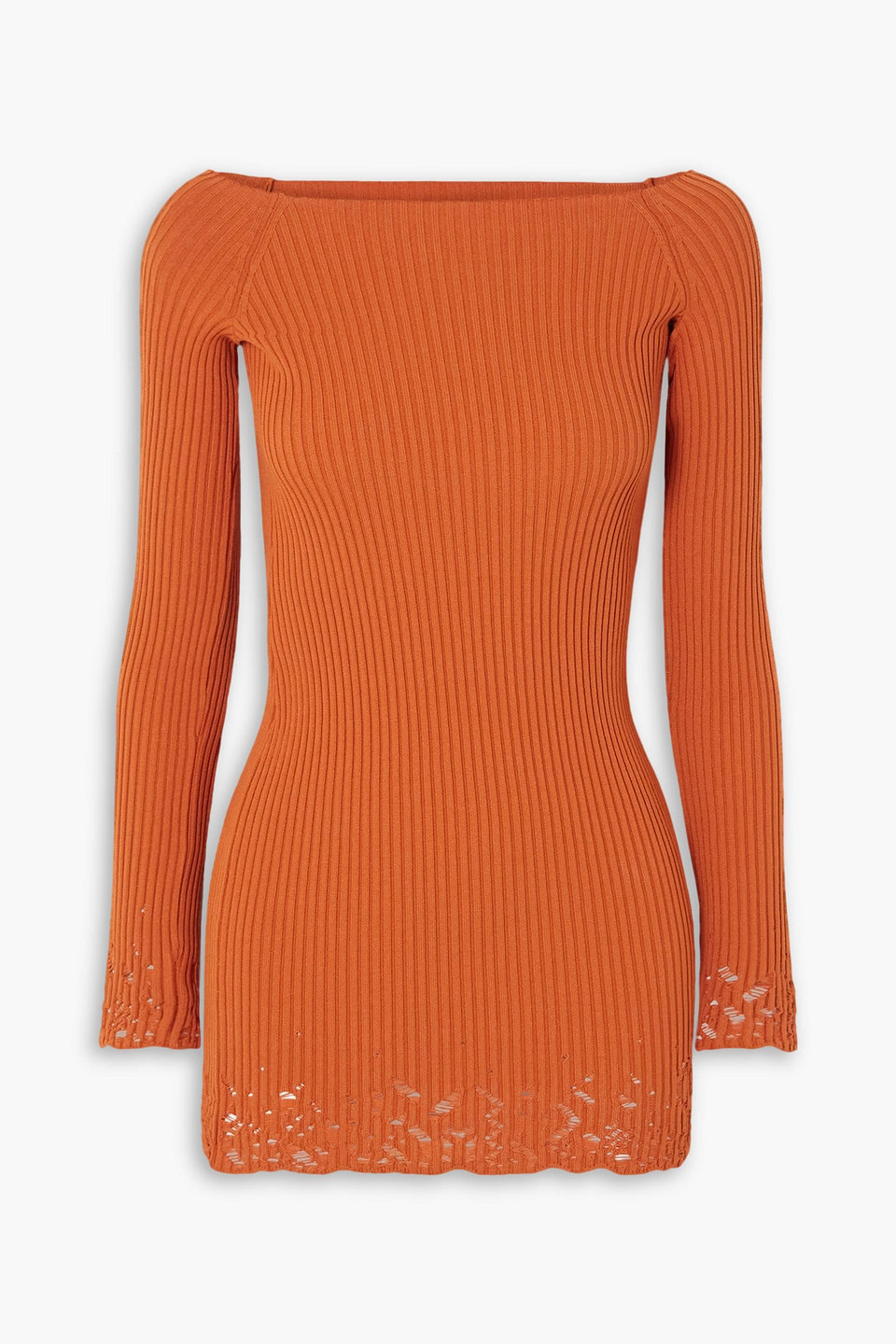 Ajour off-the-shoulder distressed ribbed-knit mini dress