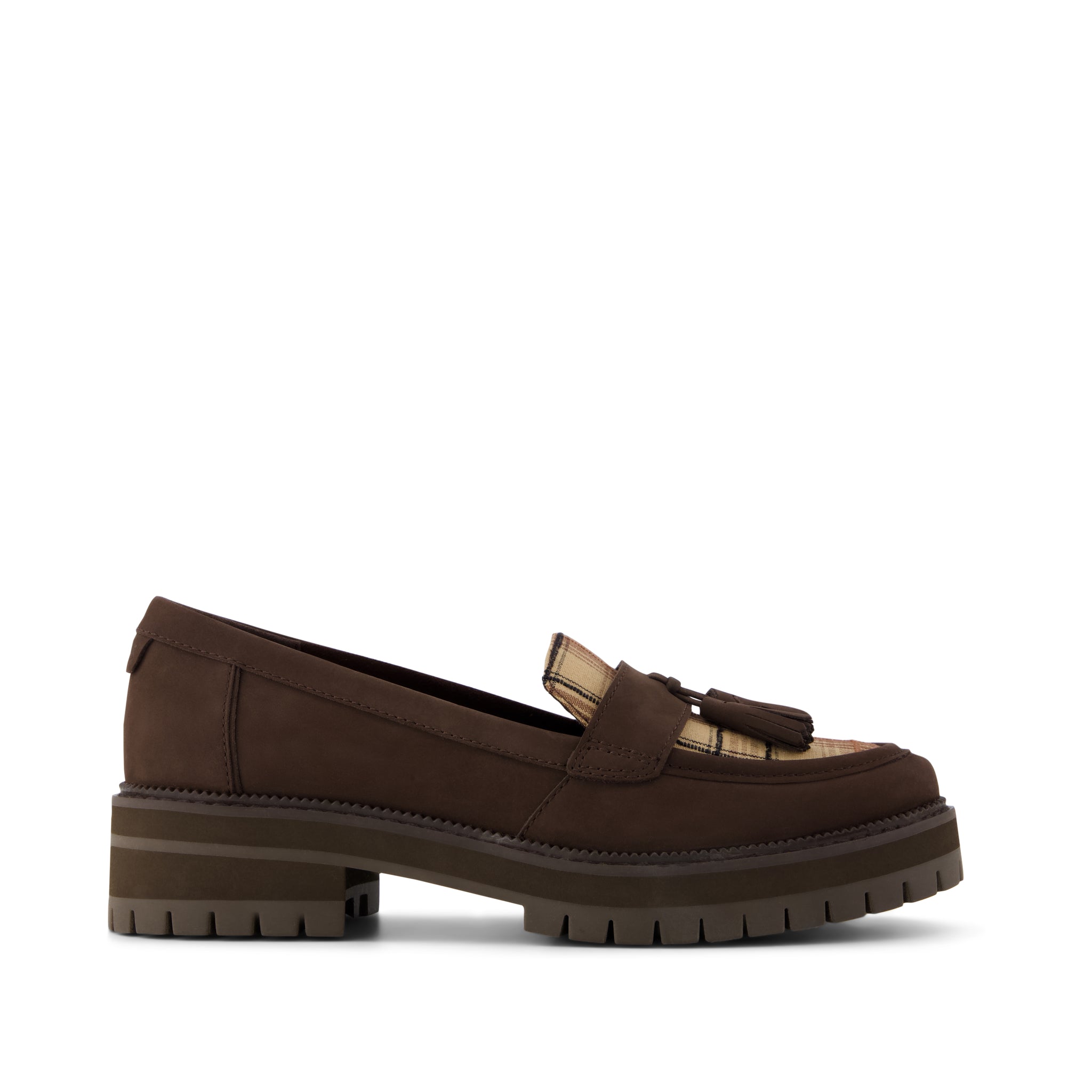 Women's Cara Tassel Loafer Chocolate Brown Plaid Flat