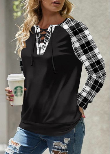 Modlily Black Lace Up Plaid Long Sleeve Round Neck Sweatshirt