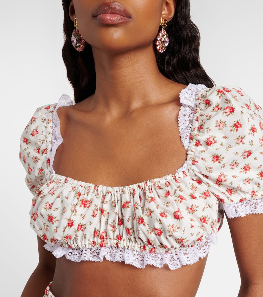 Floral lace-trimmed cotton poplin crop top