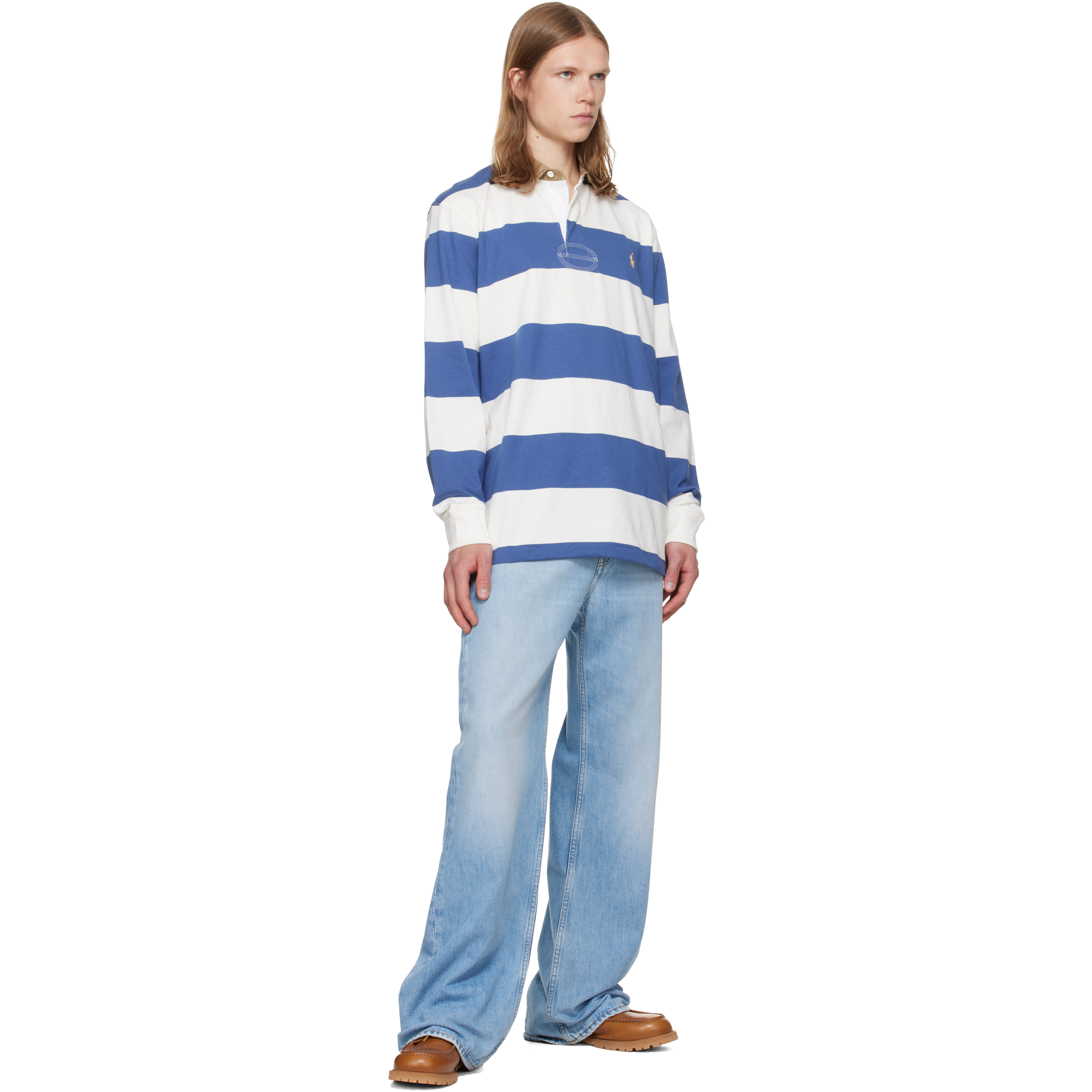 White & Navy Classic Fit Khaki-Collar Rugby Shirt