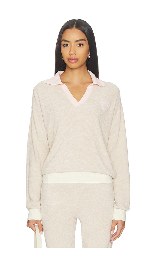 Barefoot Dreams Cozy Chic Ultra Lite Color Block Heart Collared Pullover in Tan. - L also in M, S