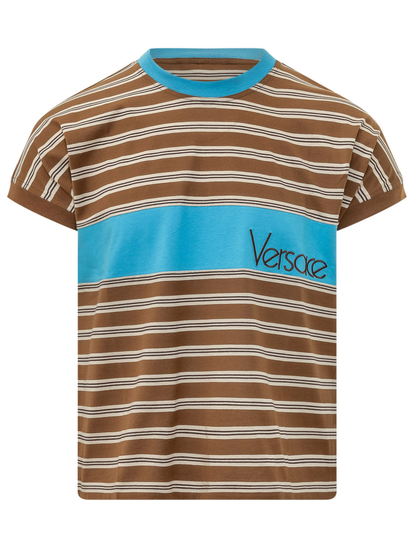 Brown T-Shirt With Striped Motif And Logo Lettering On The Front Cotton Men Tshirts Polo Shirts - Men
