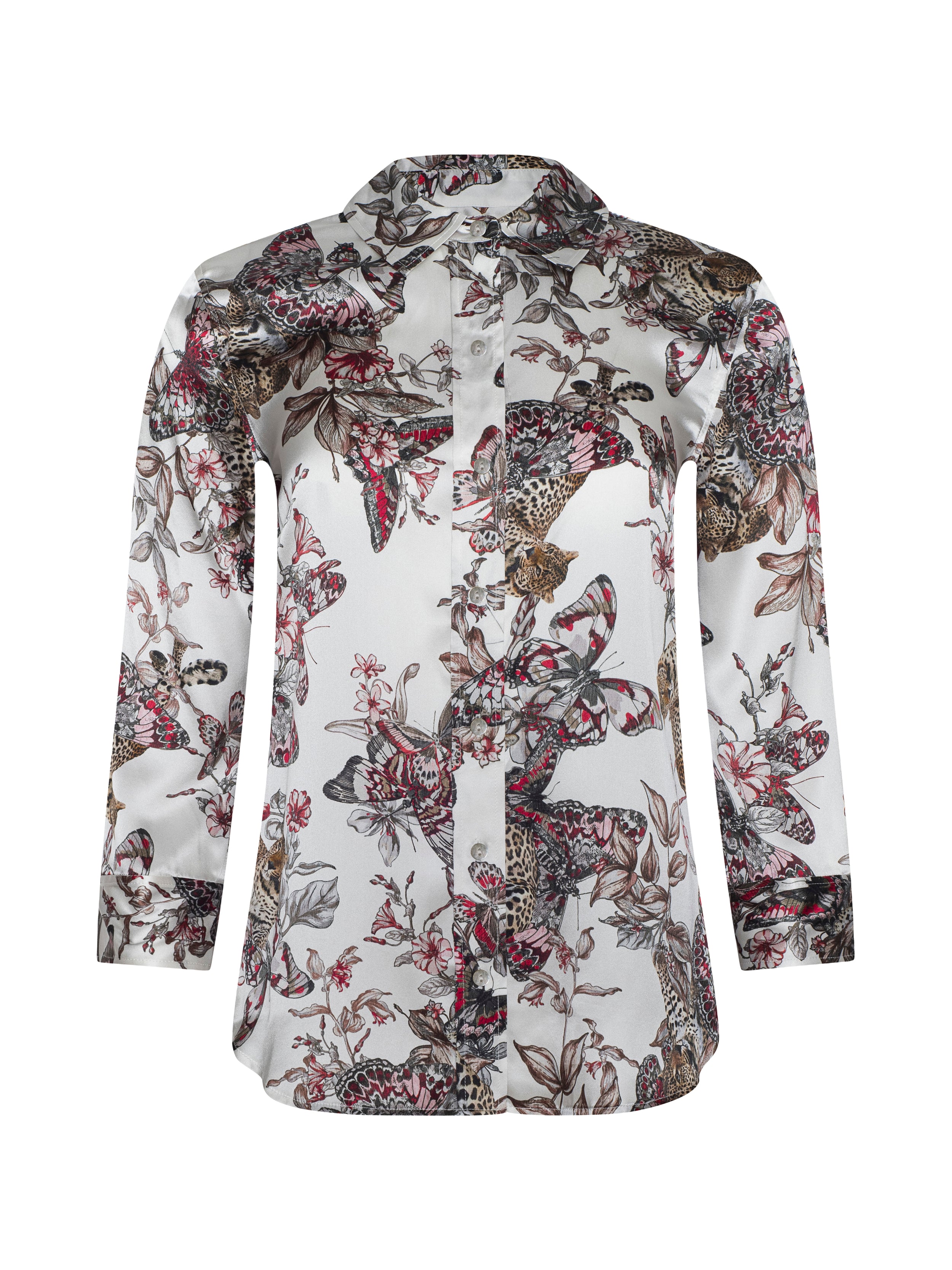 Dani Silk Blouse Top In White Multi Small Butterfly Jungle
