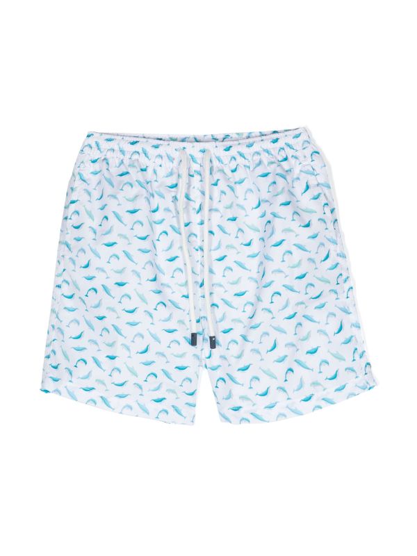 Fish-Print Drawstring Swim Shorts — White