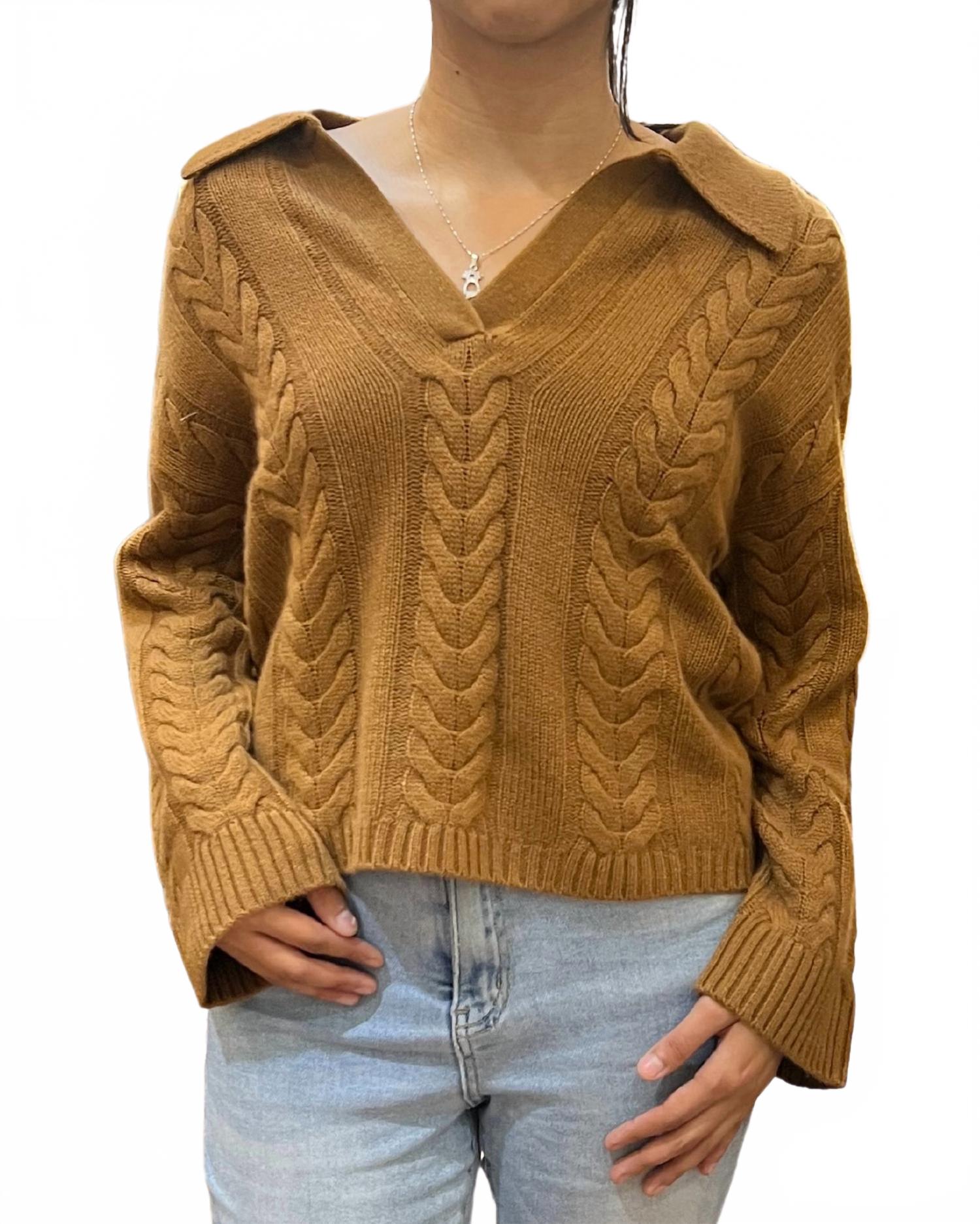 Dean Cable Knit Polo Pullover Sweater In Caramel