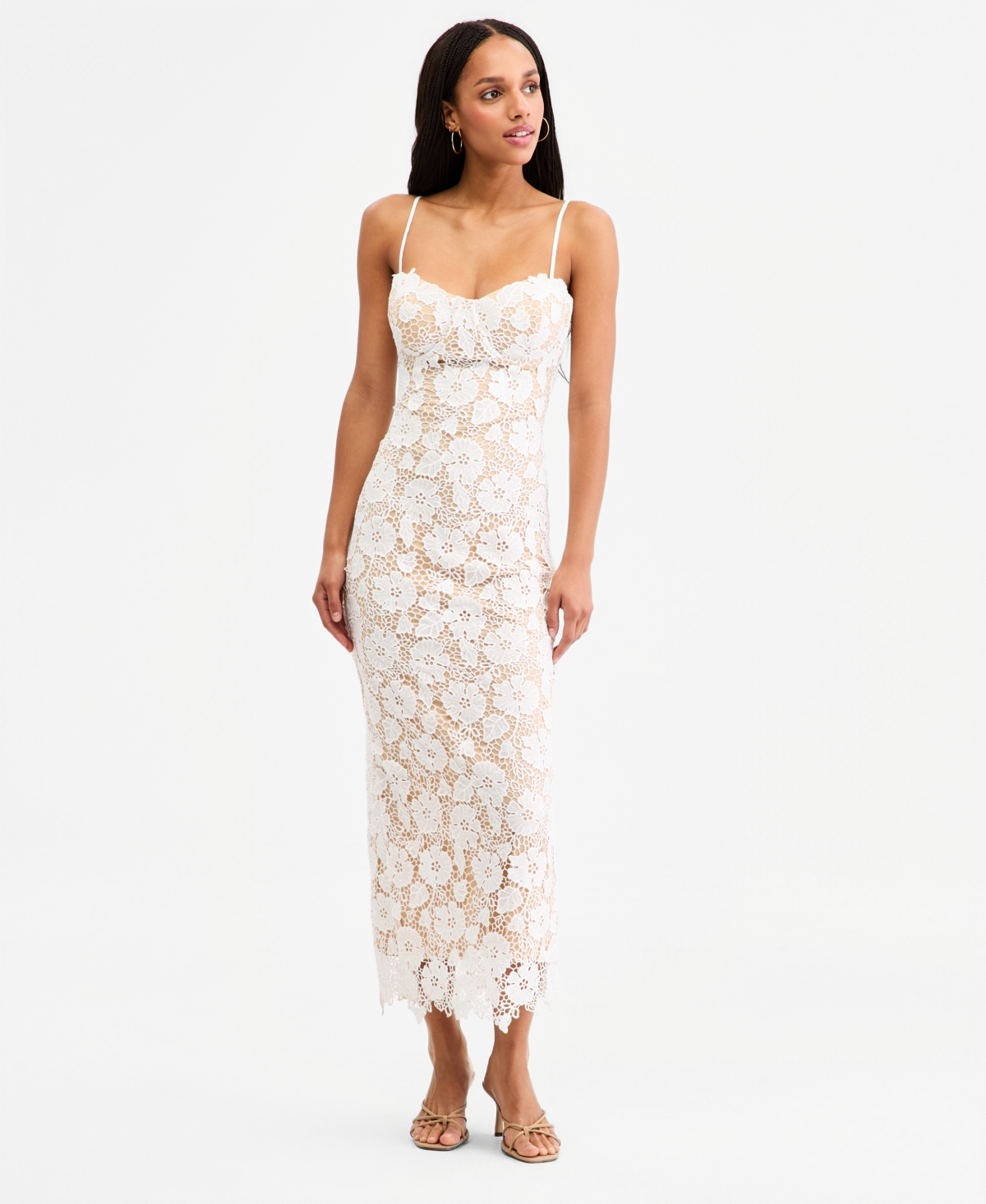 Juniors' Lace Sweetheart-Neck Lace-Up-Back Midi Dress - WHITE/NUDE
