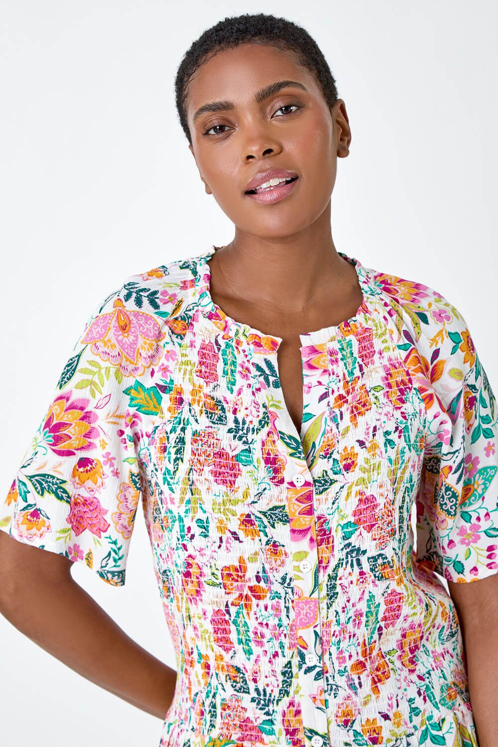 Roman Women's Floral Shirred Crinkle Top in Pink