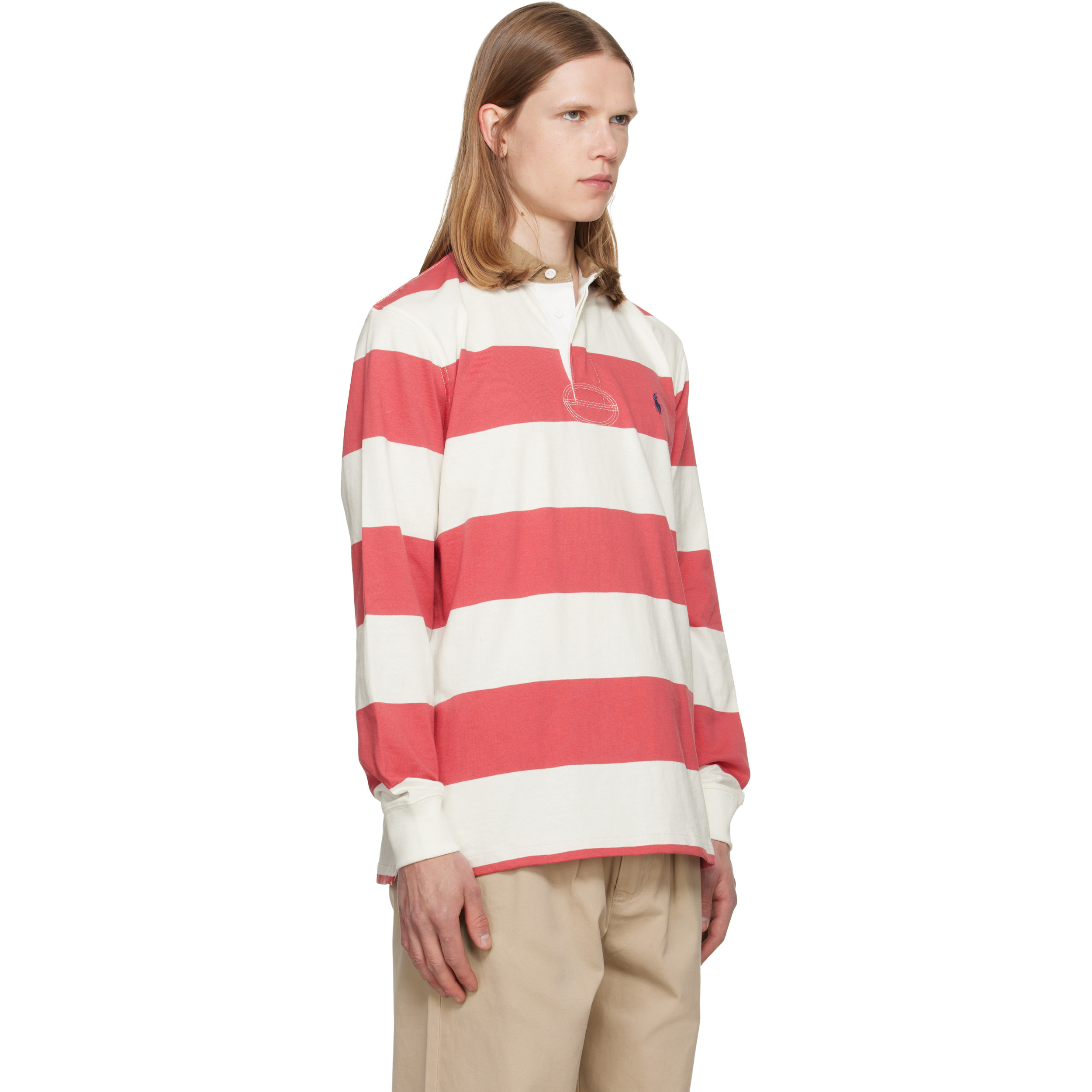 White & Pink Classic Fit Khaki-Collar Rugby Shirt