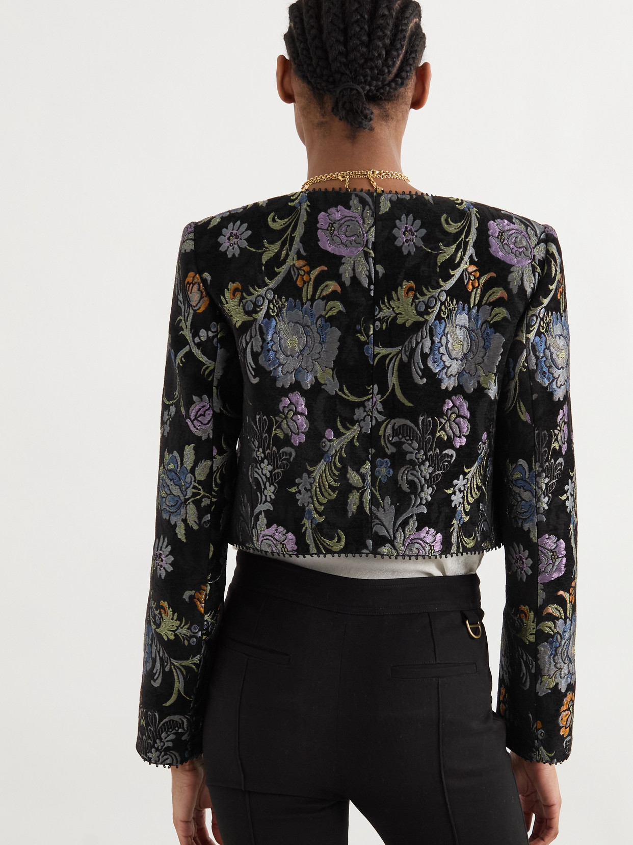 Cropped Floral-jacquard Jacket - Black
