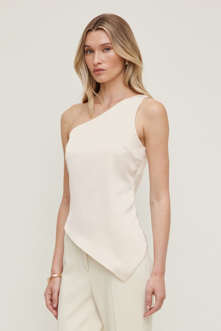 Single Shoulder Satin Top - Beige - Women Clothing