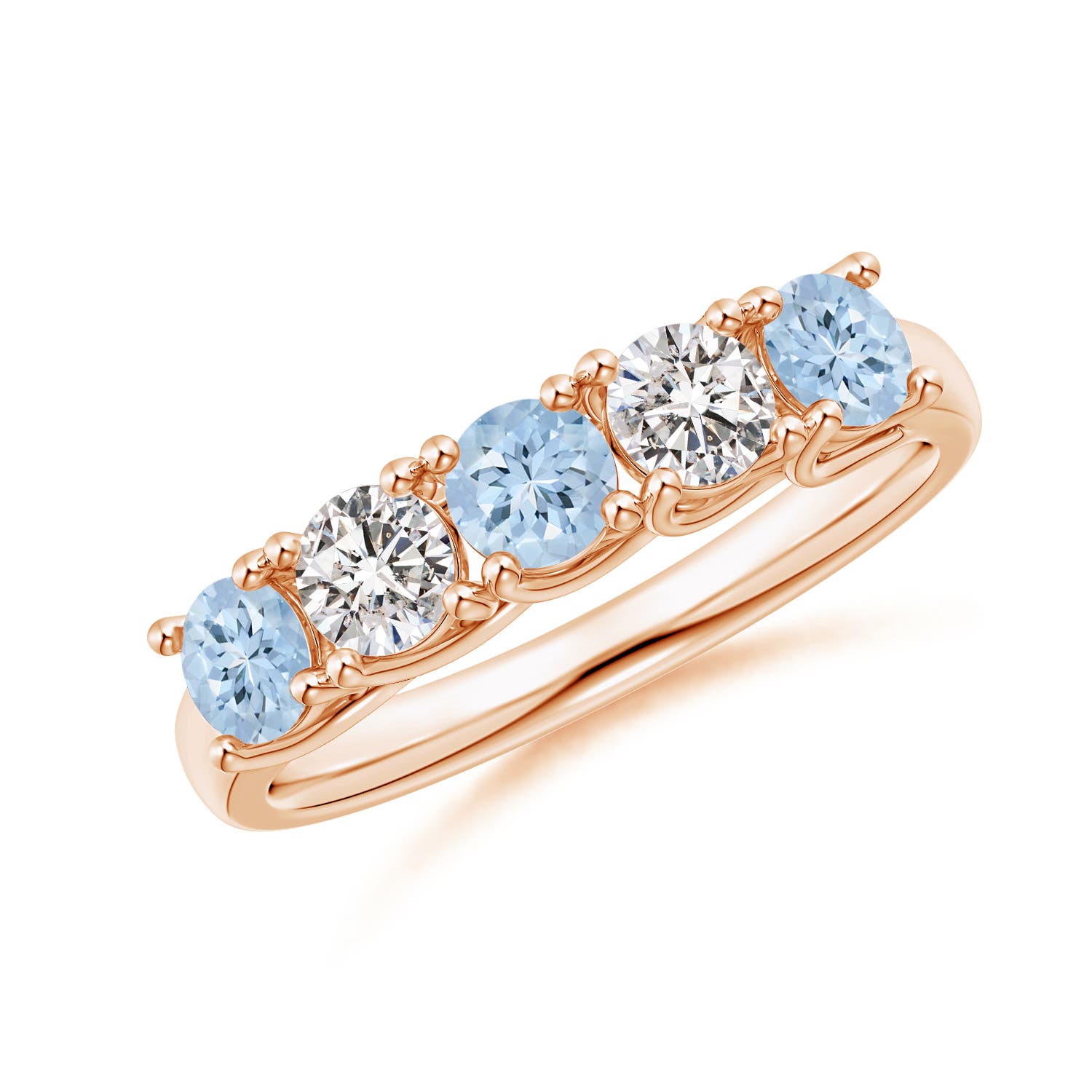 Angara 0.54 Carat Half Eternity Five Stone Aquamarine and Diamond Wedding Ring in 14K Rose Gold