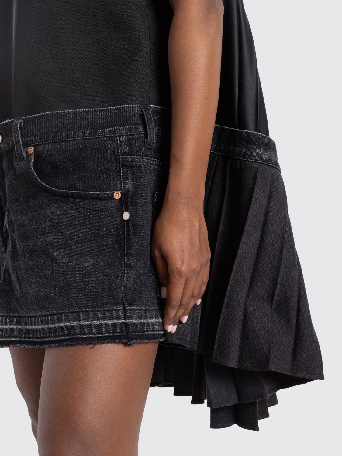 Flared Mini Dress in Denim and Silk with Asymmetrical Pleated Skirt