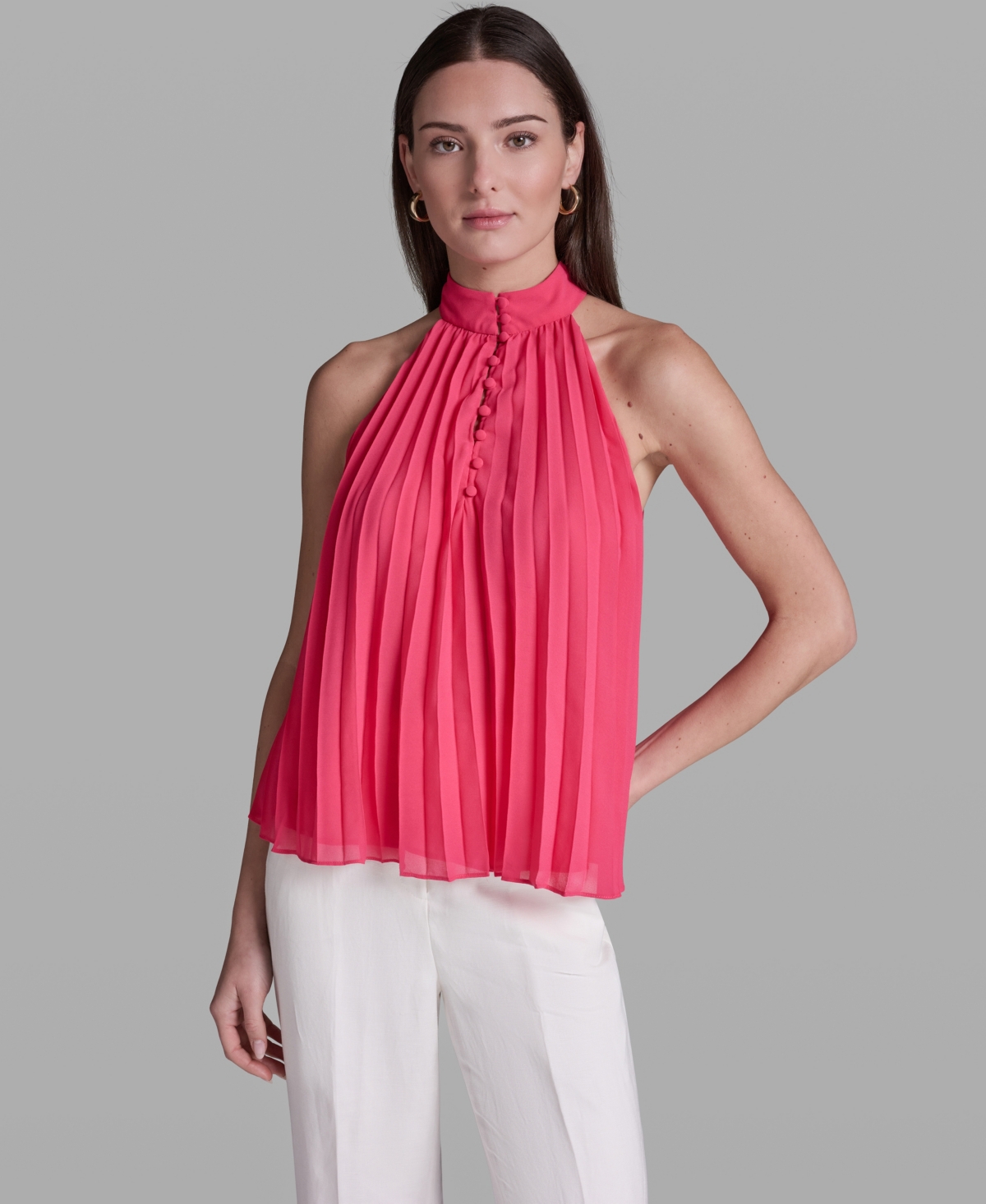 Women's Pleated Halter Neck Sleeveless Top - Sunset Rose