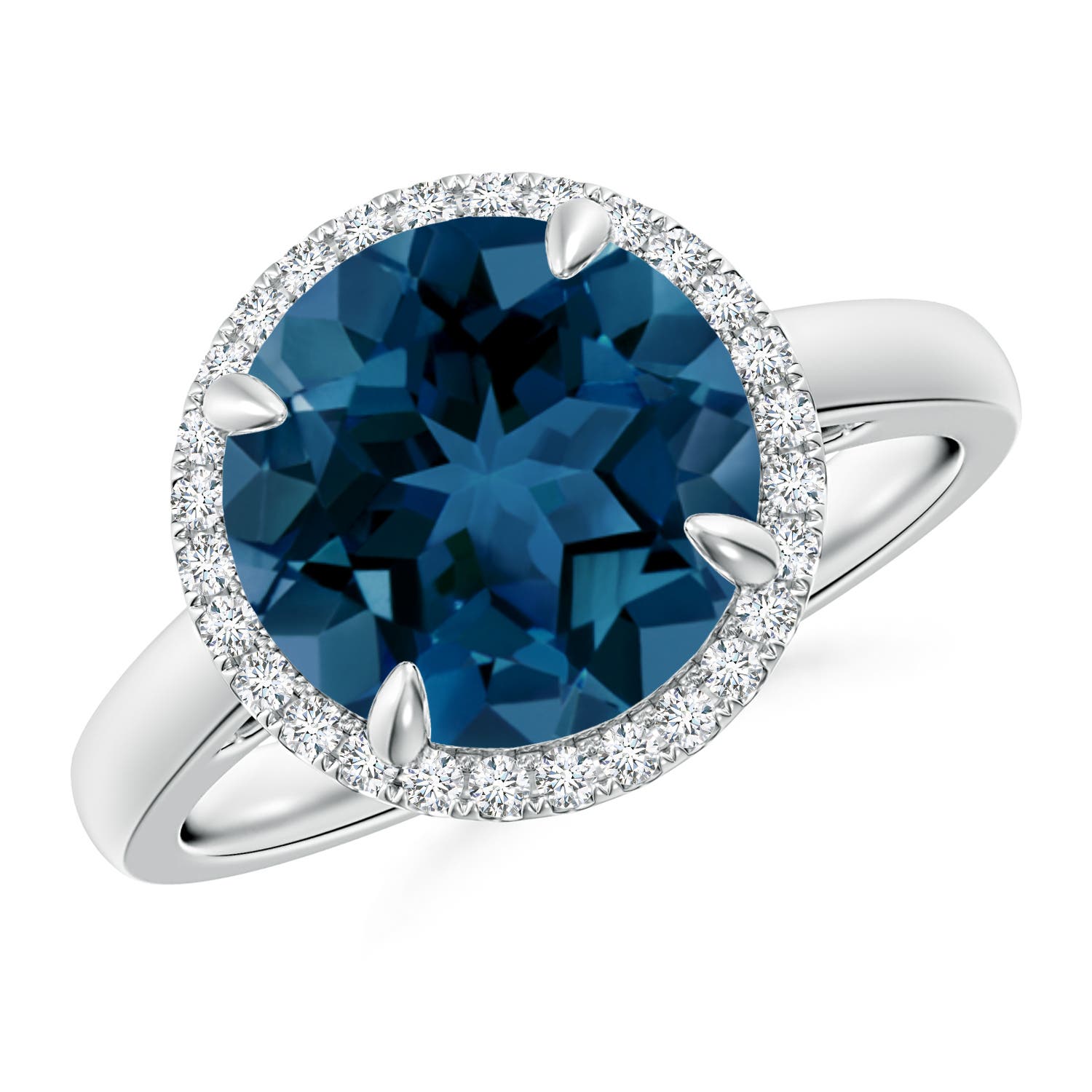Angara 4.2 Carats Round London Blue Topaz Cathedral Ring with Diamond Halo in Platinum