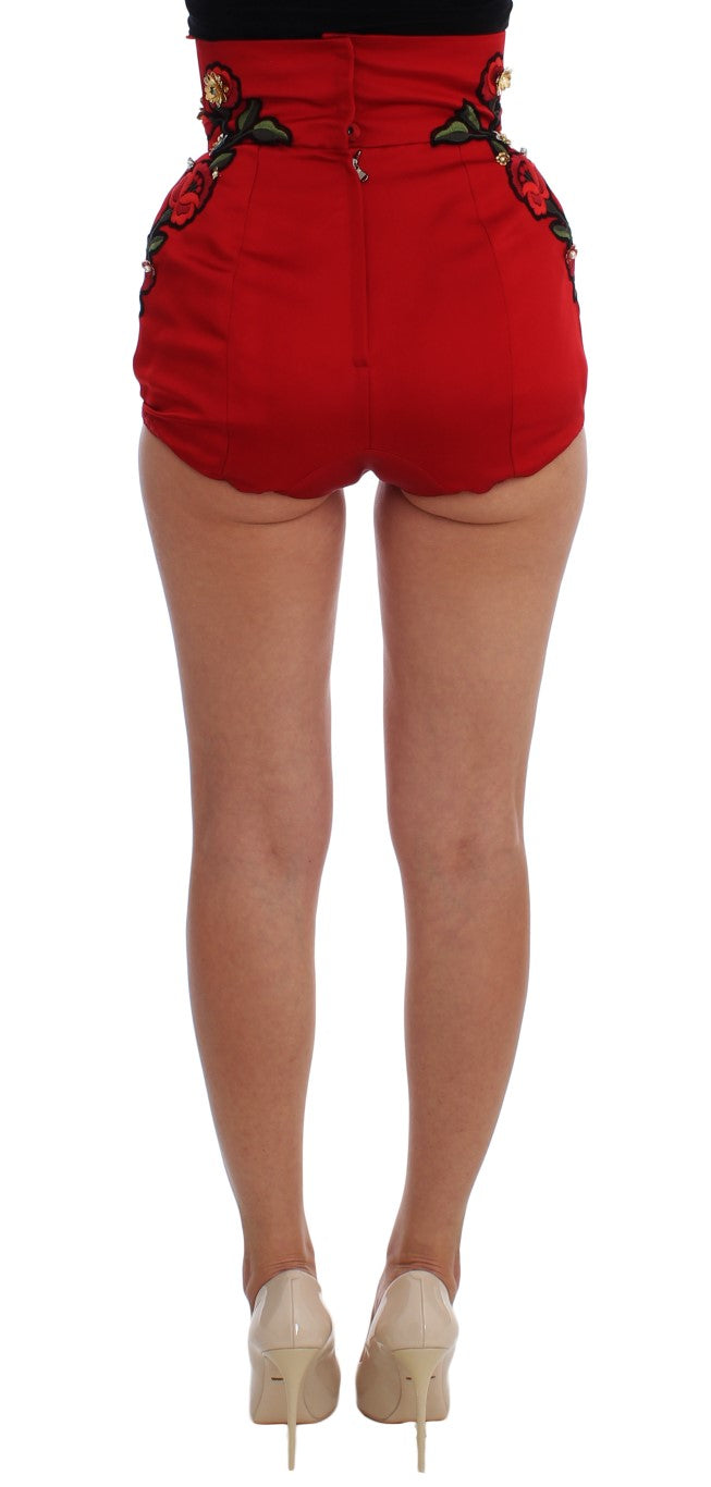 Rose-Embroidered Silk Shorts — Red