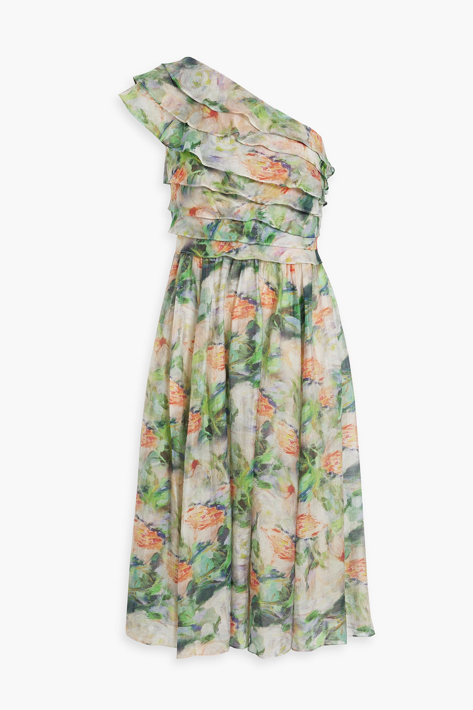 One-shoulder ruffled printed gauze dress - Green - US 10
