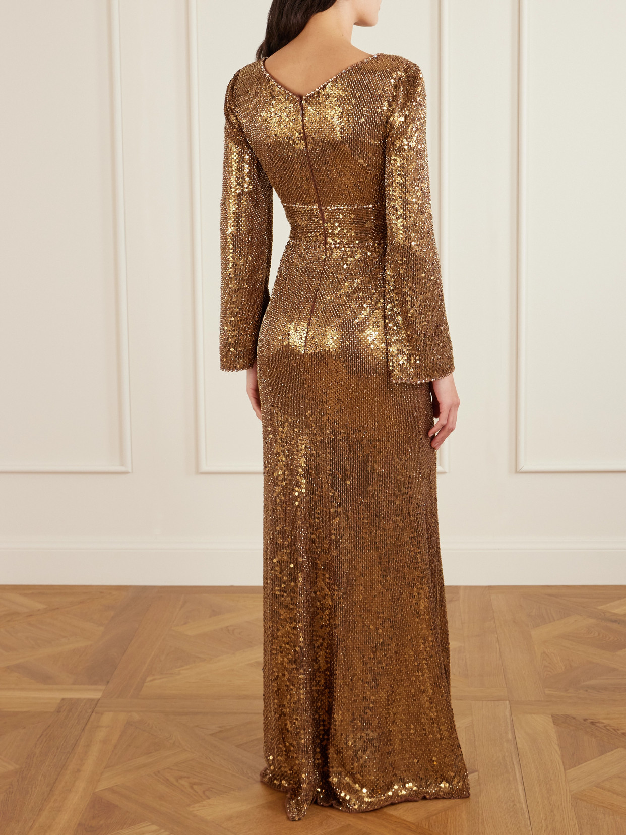 June Embellished Sequined Mesh Gown - Metallic