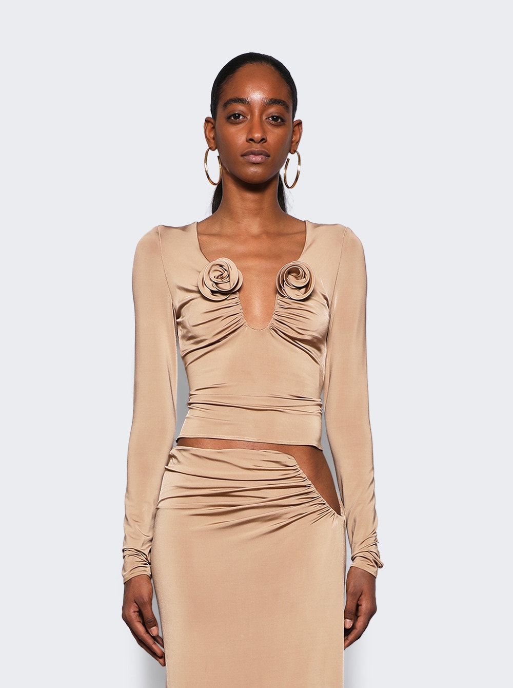 Floral-appliqué gathered blouse - Neutrals