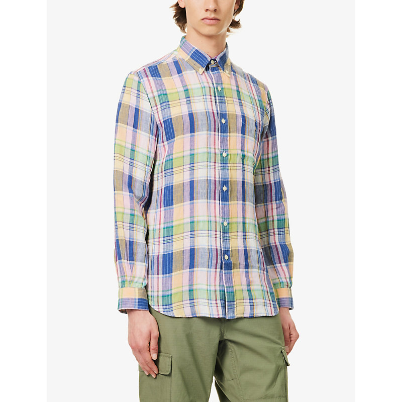 Mens 6357b Navy/pink Multi Check-pattern Regular-fit Linen Shirt 